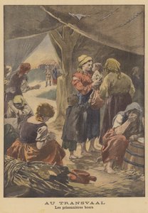 Boerinnen in een concentratiekamp in Zuid-Afrika (kleurenlitho) door French School