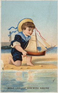Jongen speelt met speelgoedzeilboot door French School
