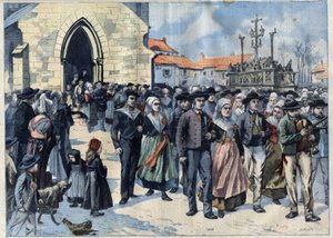 Bretonse gewoonte: Traditioneel huwelijk in Plougastel (Finistère, Bretagne). Huwelijken verlaten de kerk. Gravure in Le Petro Parisien door French School