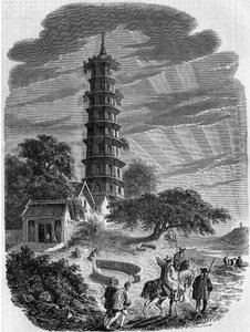 Boeddhistische architectuur: buitenaanzicht van de achthoekige pagode op Whampoa-eiland, China