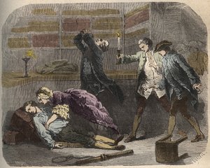 Calas zaak: op 13 oktober 1761 werd Marc Antoine Calas dood gevonden in de familieboetiek in Toulouse - Gravure in 