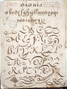 Calligrafie: Manuscriptstuk van rond op velijn versierd met arabesken rond 1813 door Sebastien Royllet. Historische Bibliotheek van de Stad Parijs