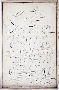 Calligrafie: Plaat van hoofdletters genaamd major batardes, gecalligrafeerd op 5 april door French School