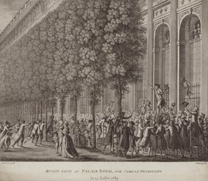 Camille Desmoulins roept op tot wapens voor het volk in het Palais Royal, Parijs door French School