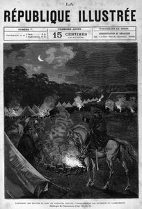 Kamp van de troepen van Fort de Vincennes tijdens de schoonmaak van de kwartiergebouwen. Een krant. Gravure uit 1880 in 