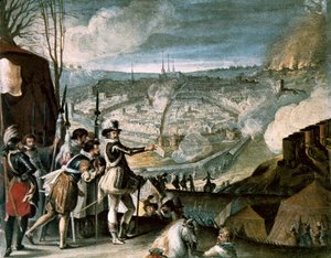 Kamp van troepen van Hendrik IV, olieverf op hout, begin 17e eeuw door French School