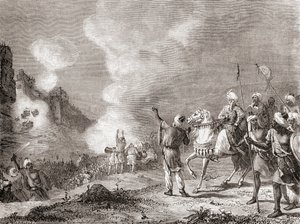 Kanonnen gebruikt als belegeringsmachines door sultan Abu Yaqub Yusuf bij het beleg van Sijilmasa, Marokko in 1274, uit Les Merveilles de la Science, gepubliceerd ca. 1870 (gravure) door French School