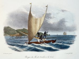 Kano met zeil van de Vanikoro-eilanden, Salomonseilanden (archipel), kleuren gravure uit Voyage of discovery of the Astrolabe ondernomen in opdracht van de koning, tijdens de jaren 1826-1829, door Jules-Sebastien-Cesar Dumont d