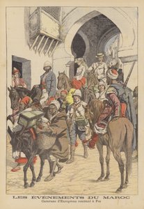 Karavaan Europeanen keert terug naar Fez, Marokko (kleurenlitho) door French School