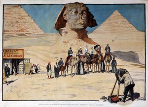 Karavaan van toeristen gefotografeerd voor de sfinx van Gizeh (Guiseh, Giza, Gizeh)