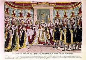 Kardinaal Joseph Fesch (1763-1839) zegent het huwelijk van Napoleon Bonaparte I (1769-1821) en Marie-Louise de Habsbourg-Lorraine in de kapel van het Louvre, 2 april 1810