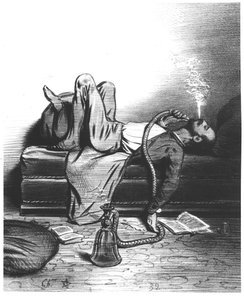 Karikatuur van de Romantische Schrijver die zijn inspiratie zoekt in de Hasj, c. 1849