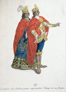 Carnavalskostuums die de Inca koning en koningin vertegenwoordigen, eind achttiende eeuw door French School