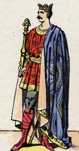 Karolingische dynastie: Portret van Karel II de Kale (823-877), Koning van de Franken van 840 tot 877. Epinal afbeelding eind 19e eeuw. Privécollectie. door French School
