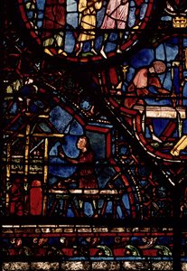 Timmerlieden aan het werk, detail uit het leven van Sint Julianus de Hospitaller raam in de noordelijke omgang door French School