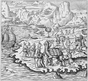 Vervoer van goederen per kameel voor het laden van schepen die de Griekse handelspost in Alexandrië verlaten naar Europa. Gravure in 