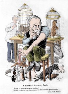 Cartoon van wetenschapper Louis Pasteur, uitvinder van het vaccin tegen hondsdolheid, die zichzelf vaccineert tegen Pruisische onderscheidingen. Gepubliceerd in 