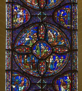 Kathedraal van Chartres, glas-in-lood: leven van Sint-Antonius en Sint-Paulus, kluizenaars, detail in het centrum