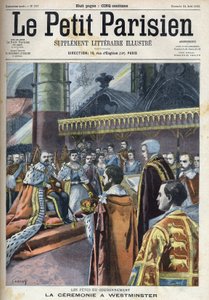 Ceremonie van de kroning in Westminster: koning Edward VII (1841-1910) en Alexandra van Denemarken (1844-1925), in "Le Petit Parisien" door French School