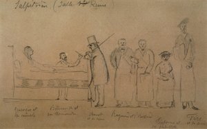 Charcot ontworpen door een van zijn studenten. Van links naar rechts: patiënt Genevieve in een dwangbuis, dokter Desire Magloire Bourneville met een thermometer, Jean Martin Charcot, Raymond en Brissaud, Me Tirperme en Charles Fere. Heilige Koningin Kamer, door French School