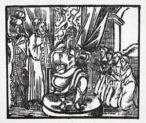 Karel de Grote slaat de ridders Reynauld, Guichard, Alard en Richardet, zonen van de hertog van Aymon, tot ridder door French School