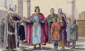 Karel de Grote bezoekt een school (kleurenlitho)