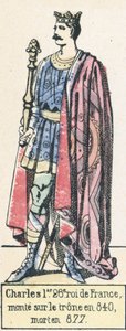 Karel I, 26e koning van Frankrijk, besteeg de troon in 840, stierf in 877 door French School