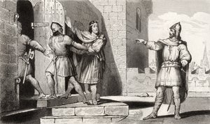 Karel III (879-929) de Eenvoudige gevangen genomen door een van zijn soldaten, uit 
