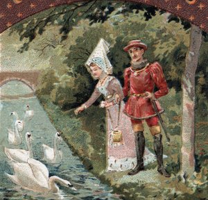 Karel VII (1403-1461) met zijn favoriete, Agnes Sorel (bekend als de Dame van Beaute sur Marne (Beaute-sur-Marne) (1422-1450) die zwanen voedt in het park van het kasteel van Savigny sur Orge (Savigny-sur-Orge). Chromolithografie van het einde van de 19e e
