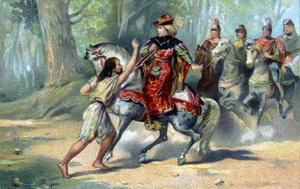 Karel VI in waanzin in het bos van Le Mans. Chromolithografie van het einde van de 19e eeuw door French School