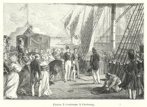 Karel X scheept in te Cherbourg (gravure) door French School