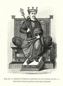 Karel de Kale, gekroond tot koning van Lotharingen in 860, uit een gebedenboek geschreven door Liuthard door French School