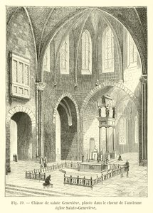 Reliekschrijn van Sainte Genevieve, geplaatst in het koor van de oude kerk Sainte-Genevieve door French School