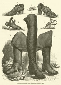 Chaussures exposees au Musee historique du costume, en 1874 door French School
