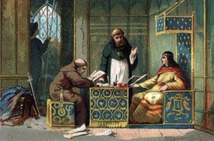 Childebert II, koning van Frankrijk van 695 tot 711 in zijn kasteel van de Oise, omringd door monniken die zijn werk delen. Chromolithografie rond 1890. door French School