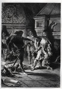 Childebert I (ca. 498-558) bij de moord op de erfgenamen van zijn broers in 526 - Childebert I laat Clotaire de kinderen van hun broer Clodomir, koning van Orléans, vermoorden, wiens staten ze delen, 526 - gravure uit 