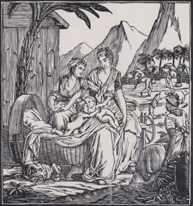 De kindertijd van Paul en Virginie, scène uit de roman Paul et Virginie van de Franse auteur Jacques-Henri Bernardin de Saint-Pierre (litho)
