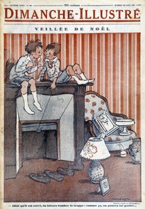 Kinderen zittend op de schoorsteen, een val opzetten voor de Kerstman, voor de kerstkrant 1930 