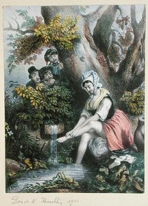Kinderen bespioneren een jong meisje dat haar voeten wast in een beekje, ca. 1840