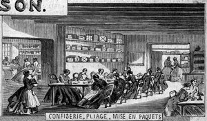Chocoladeproductie: vervaardiging van chocoladesnoep, vouwatelier en verpakking. Usine de M. Masson, Parijs.
