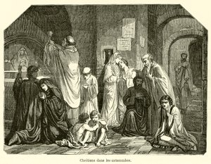 Christenen in de catacomben (gravure)