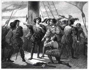 Christoffel Columbus (1450-1506) die zijn bemanning bang maakt door French School