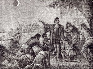 Christoffel Columbus voorspelt de maansverduistering aan de inwoners van Jamaica in 1504 door French School
