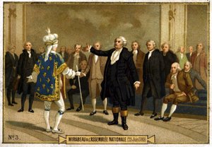 Chromolithografie die Honoré Gabriel (Honoré-Gabriel) Riqueti, Graaf van Mirabeau (1749-1791) in de Nationale Vergadering op 23 juni vertegenwoordigt door French School