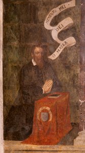 Kerk (Eglise Saint-Jean-Baptiste). Interieur. Kapel Saint-Fursy. Muurschilderingen. De verheerlijking van Maria (fresque dite de la bonne mort). Begin 17e eeuw.