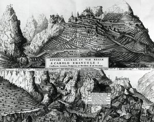 Stad Saorge, Frankrijk, onder Savoyaards bewind, gravure door French School