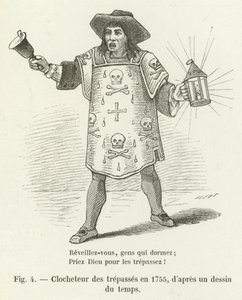 Klokkenluider van de overledenen in 1755, naar een tekening uit die tijd door French School