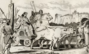 Clovis III (682-95) in een wagen getrokken door ossen, met Pepijn II van Herstal (ca.714) naast hem, uit 