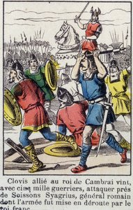 Clovis, bondgenoot van de koning van Cambrai, kwam met 5000 krijgers om bij Soissons Syagrius, de Romeinse generaal, aan te vallen, wiens leger werd verslagen door de Frankische koning.