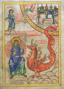 De Scharlaken Vrouw, Moeder van Gruwelen ontmoet het Beest van de Apocalyps, uit Liber Floridus door Lambert de Saint-Omer ca. 1120 door French School